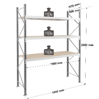 Rayonnage - kit départ 2000x1500x600 mm 3 niv. - 792 kg/niveau-Lire la description