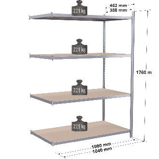 Rayonnage - Kit suivant galvanisé 1760x1000x388 mm 4 niv.-Lire la description