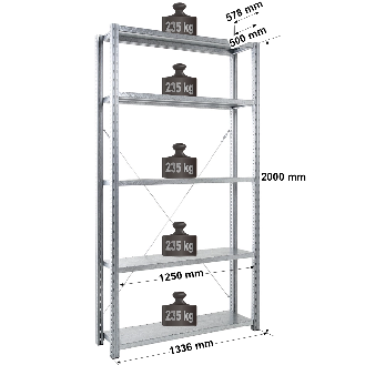 Rayonnage Adaptiv XL - kit départ galva H. 2000 mm L. 1250 mm P. 500 mm 5 niv.-Lire la description