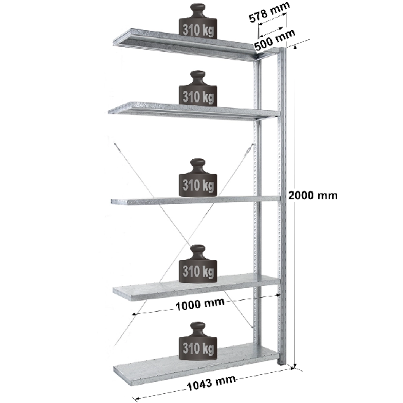 Rayonnage Adaptiv XL - kit suivant galva H. 2000 mm L. 1000 mm P. 500 mm 5 niv. Rayonnage Adaptiv XL - kit suivant galva H. 2000 mm L. 1000 mm P. 500 mm 5 niv.-Lire la description