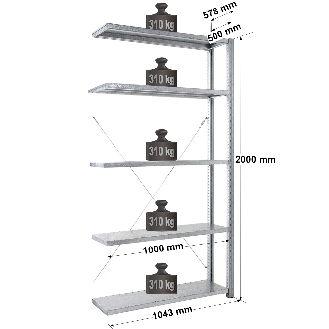 Rayonnage Adaptiv XL - kit suivant galva H. 2000 mm L. 1000 mm P. 500 mm 5 niv.-Lire la description
