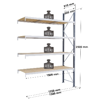 Rayonnage - kit suivant 2500x1500x800 mm 4 niv. - 465 kg/niveau-Lire la description