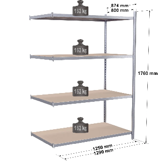 Rayonnage - Kit suivant galvanisé 1760x1250x800 mm 4 niv.-Lire la description