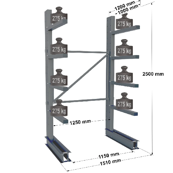 Cantilever lourd simple face - Kit départ H. 2500 x L. 1250 x P. 1000 mm 4 niv. Cantilever lourd simple face - Kit départ H. 2500 x L. 1250 x P. 1000 mm 4 niv.-Lire la description