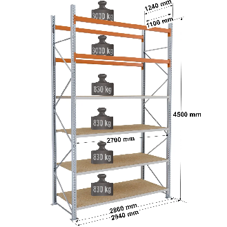 Rack hybride - Kit départ 4500x2700x1100 mm 4 + 1 niv. Picking/Rack-Lire la description