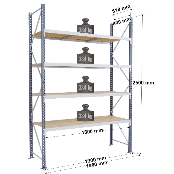 Rayonnage - kit départ 2500x1500x800 mm 4 niv. - 384 kg/niveau Rayonnage - kit départ 2500x1500x800 mm 4 niv. - 384 kg/niveau-Lire la description