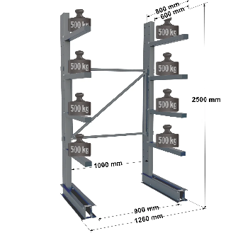 Cantilever lourd simple face - Kit départ H. 2500 x L. 1000 x P. 600 mm 4 niv.-Lire la description