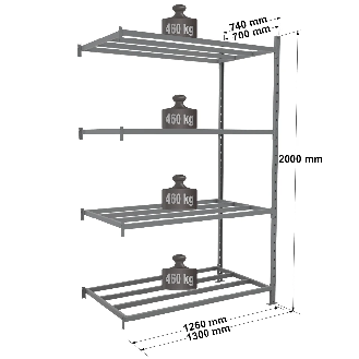 Rayonnage - Kit suivant tubulaire peint 2000x1260x700mm 4 niv.-Lire la description