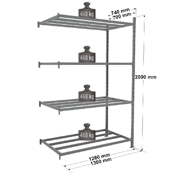 Rayonnage - Kit suivant tubulaire peint 2000x1260x700mm 4 niv. Rayonnage - Kit suivant tubulaire peint 2000x1260x700mm 4 niv.-Lire la description