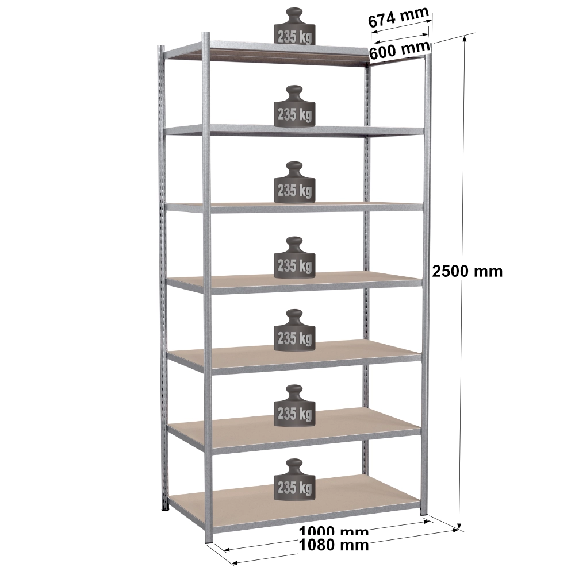 Rayonnage - Kit départ galvanisé 2500x1000x600 mm 7 niv. Rayonnage - Kit départ galvanisé 2500x1000x600 mm 7 niv.-Lire la description