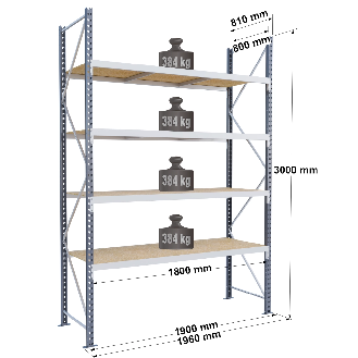 Rayonnage industriel 4 niveaux 384 kg/niveau-Lire la description