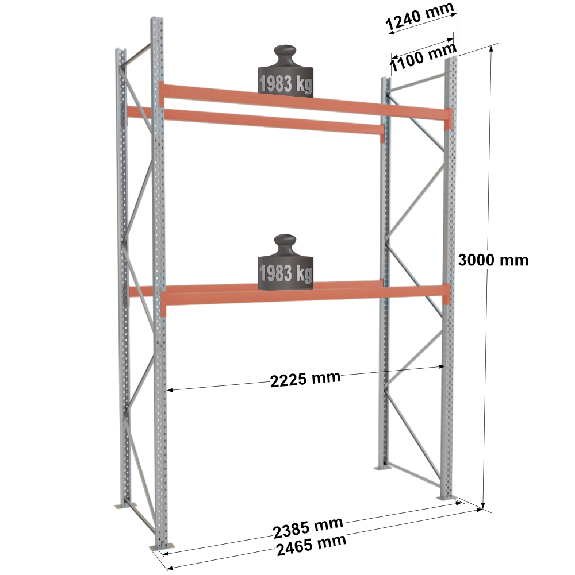 Rack - Kit départ 3000x2225x1100 mm 2 niveaux de stockage palette Rack - Kit départ 3000x2225x1100 mm 2 niveaux de stockage palette-Lire la description