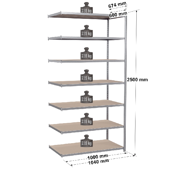 Rayonnage - Kit suivant galvanisé 2500x1000x600 mm 7 niv. Rayonnage - Kit suivant galvanisé 2500x1000x600 mm 7 niv.-Lire la description