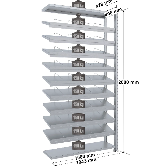 Rayonnage visserie - Kit suivant galva H. 2000 L. 1000 P. 500 mm 11 niv. Rayonnage visserie - Kit suivant galva H. 2000 L. 1000 P. 500 mm 11 niv.-Lire la description