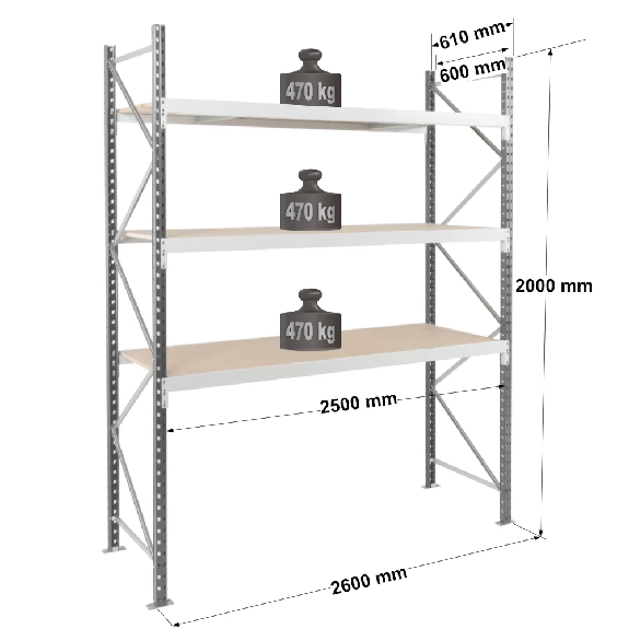 Rayonnage - kit départ 2000x2500x600 mm 3 niv. - 470 kg/niveau-Lire la description