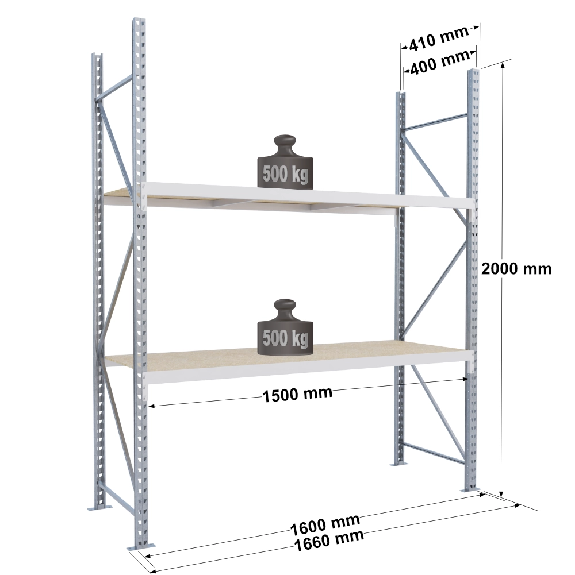 Rayonnage - kit départ 2000x1500x400 mm 2 niv - 500 kg/niveau Rayonnage - kit départ 2000x1500x400 mm 2 niv - 500 kg/niveau-Lire la description