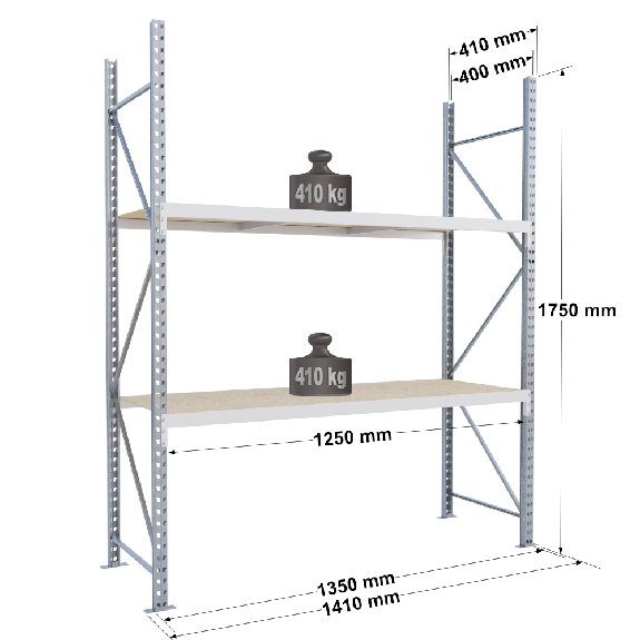 Rayonnage - kit départ 1750x1250x400 mm 2 niv - 410 kg/niveau Rayonnage - kit départ 1750x1250x400 mm 2 niv - 410 kg/niveau-Lire la description