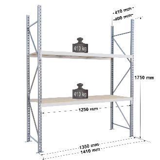 Rayonnage - kit départ 1750x1250x400 mm 2 niv - 410 kg/niveau-Lire la description