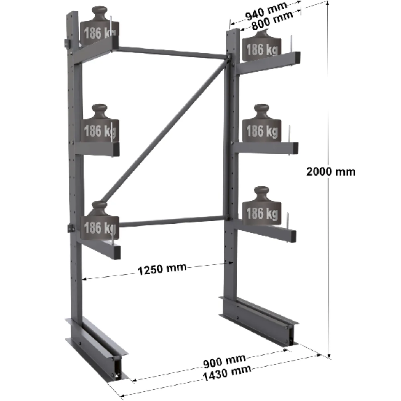 Cantilever léger simple face - Kit départ H. 2000 x L. 1250 x P. 800 mm 3 niv. Cantilever léger simple face - Kit départ H. 2000 x L. 1250 x P. 800 mm 3 niv.-Lire la description