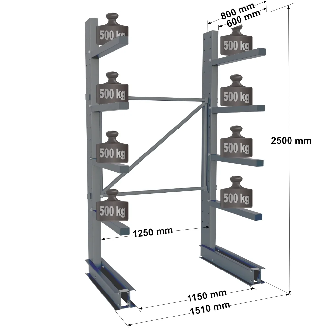 Cantilever lourd simple face - Kit départ H. 2500 x L. 1250 x P. 600 mm 4 niv.-Lire la description