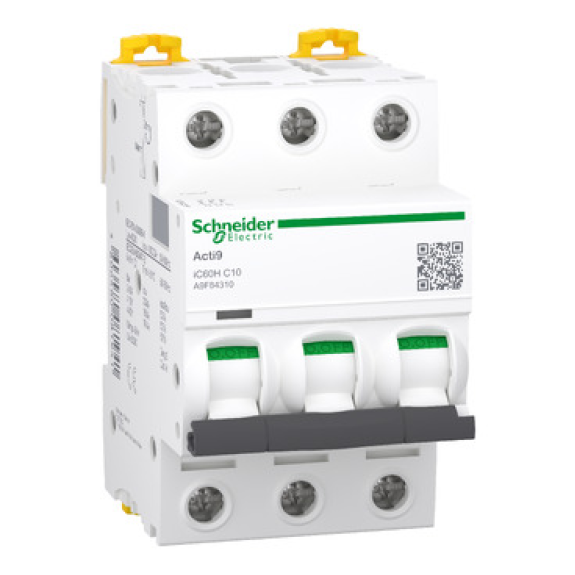Schneider Electric -Schutzschalter Acti9 iC60H, 3P, 10A, C curve, 10000A (IEC/EN 60898-1), 15kA (IEC/EN 60947-2)-Beschreibung lesen