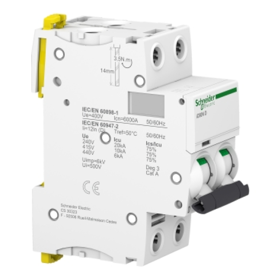 Schneider Electric - Schutzschalter Acti9 iC60N, 2P, 63 A, D curve, 6000 A (IEC 60898-1), 10 kA (IEC 60947-2)-Beschreibung lesen
