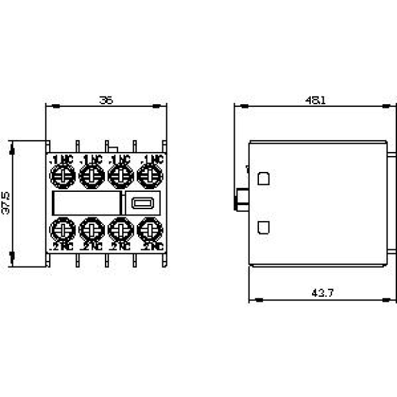 Siemens - Hilfsschalter, frontseitig, 4 Ö, .1/.2, .1/.2, .1/.2, .1/.2, Strombahn: 1 Ö, 1 Ö, 1 Ö, 1 Ö,-Beschreibung lesen