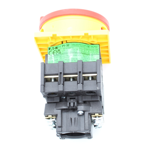 Eaton - P1-32/EA/SVB - Hauptschalter, P1, 32 A, Einbau, 3-polig, NOT-AUS-Funktion, Drehgriff rot, Sperrkranz gelb-Beschreibung lesen