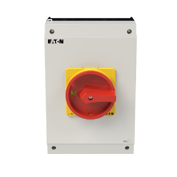 Eaton - P3-63/I4/SVB - Hauptschalter, P3, 63 A, Aufbau, 3-polig, NOT-AUS-Funktion, Drehgriff rot, Sperrkranz gelb-Beschreibung lesen