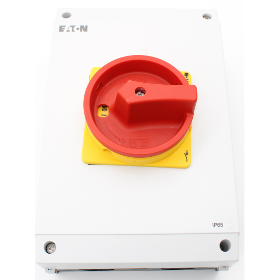 Eaton - P3-63/I4/SVB - Hauptschalter, P3, 63 A, Aufbau, 3-polig, NOT-AUS-Funktion, Drehgriff rot, Sperrkranz gelb-Beschreibung lesen