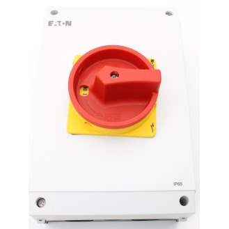 Eaton - P3-63/I4/SVB - Hauptschalter, P3, 63 A, Aufbau, 3-polig, NOT-AUS-Funktion, Drehgriff rot, Sperrkranz gelb-Beschreibung lesen