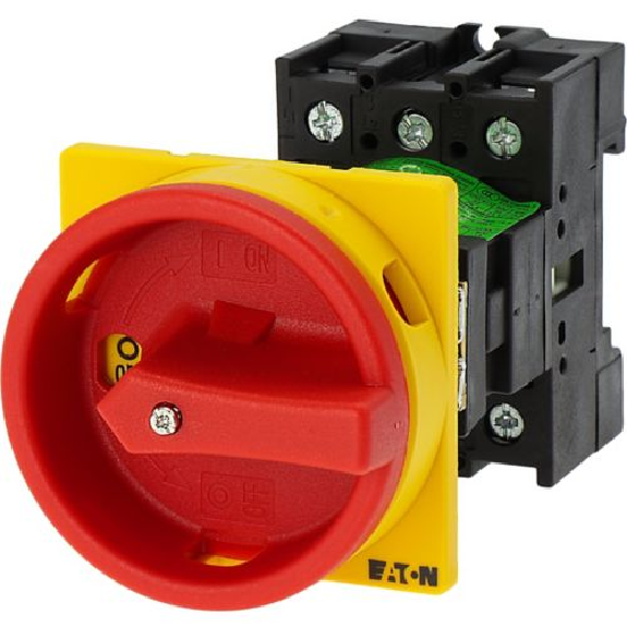 Eaton - P1-32/V/SVB - Hauptschalter, P1, 32 A, Zwischenbau, 3-polig, NOT-AUS-Funktion, Drehgriff rot, Sperrkranz gelb-Beschreibung lesen