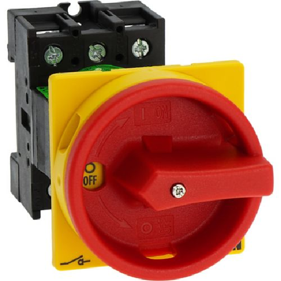 Eaton - P1-32/V/SVB - Hauptschalter, P1, 32 A, Zwischenbau, 3-polig, NOT-AUS-Funktion, Drehgriff rot, Sperrkranz gelb-Beschreibung lesen