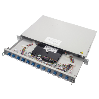 Panneau de brassage FO 19" PROFI V 1U, 12xLCD turquoise+24xPigt.50 OM3-Lire la description