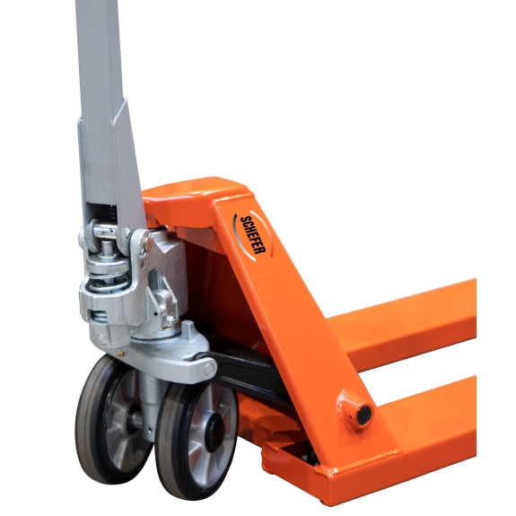 Schefer Gabelhubwagen Premium mit Schnellhub und Polyurethan Lenkräder und single Gabelrollen Tragkraft 2500kg-Beschreibung lesen