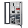 Robuster Schrank mit Mitteltrennwand und Sichtfenstertüren