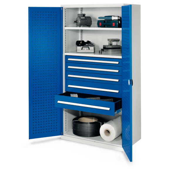 Schwerlastschrank ohne Mitteltrennwand 1950x1000x600mm mit Lochplattentüren enzianblau-Beschreibung lesen