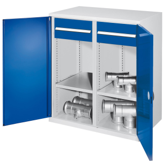 Kappes Schwerlast-Beistellschränke mit Mitteltrennwand 1110x1000x600mm Doppelwandtüren Modell 77 enzianblau-Beschreibung lesen
