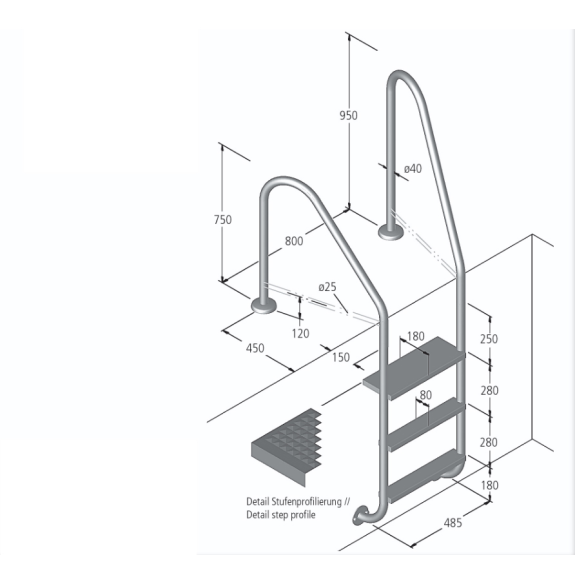 Eichenwald Poolleiter Modell 07 Marina Öffentlich Einbauhalterung Beckentiefe 1060mm 3 Stufen-Beschreibung lesen