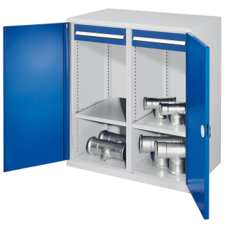 Kappes Schwerlast-Beistellschränke mit Mitteltrennwand 1110x1000x600mm Doppelwandtüren Modell 73 enzianblau-Beschreibung lesen