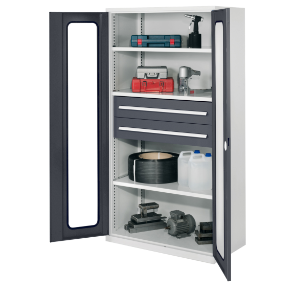 Robuster Schrank ohne Mitteltrennwand mit Sichtfenstertüren 1950x1000x600 mm-Beschreibung lesen