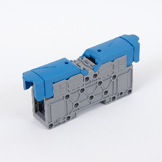 Morsetto di connessione a vite 50 mm² M8 per guida DIN con coperchio protettivo, blu-Leggi tutto