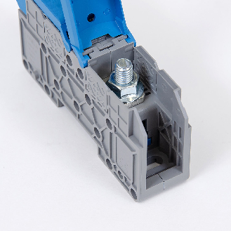 Morsetto di connessione a vite 50 mm² M8 per guida DIN con coperchio protettivo, blu-Leggi tutto