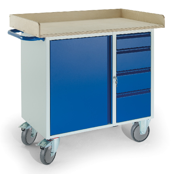 Montagewagen mit Holzrand, 4 Schubladen und Stahlschrank-Beschreibung lesen