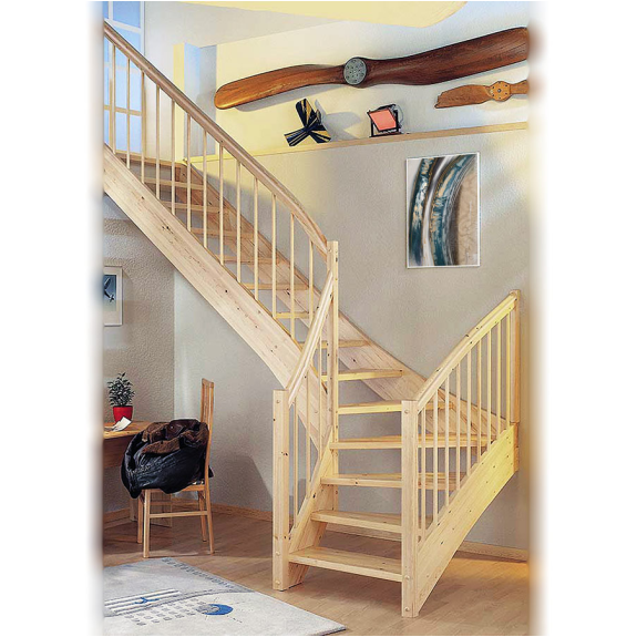 Viertelgewendelte Treppe 252-280 cm in weißem Ahorn mit konvexem Geländer-Beschreibung lesen
