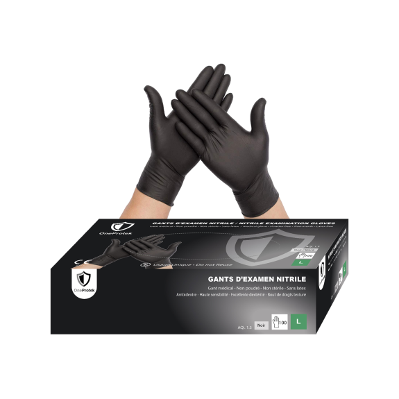 Gants nitrile jetables Noir- Boîte de 100 gants - Sans latex - Non poudrés - Résistants et Multi-usages-Lire la description