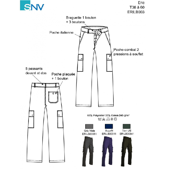 Pantalon de travail ERIC 2 poches combat à soufflet Braguette boutons BLEU BUGATTI T50-Lire la description