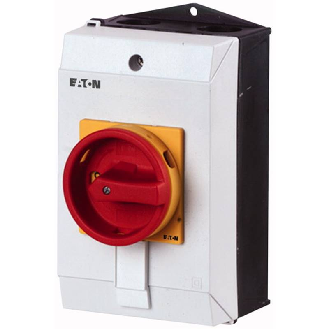 Interrupteur général, T0, 20 A, Montage en saillie, 2 Galette(s), 3 pôles + N, Fonctions d'ARRÊT D'URGENCE, Avec poignée rotative rouge et couronne de blocage jaune, verrouillable en position 0-Lire la description