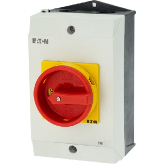 Interrupteur général, P1, 25 A, Montage en saillie, 3 pôles + N, Fonctions d'ARRÊT D'URGENCE, Avec poignée rotative rouge et couronne de blocage jaune, verrouillable en position 0-Lire la description