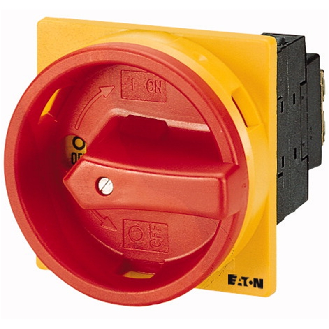 Interrupteur général, P1, 32 A, Montage encastré, 3 pôles + N, 1 Contact F, 1 Contact O, Fonctions d'ARRÊT D'URGENCE, Avec poignée rotative rouge et couronne de blocage jaune, verrouillable en position 0-Lire la description